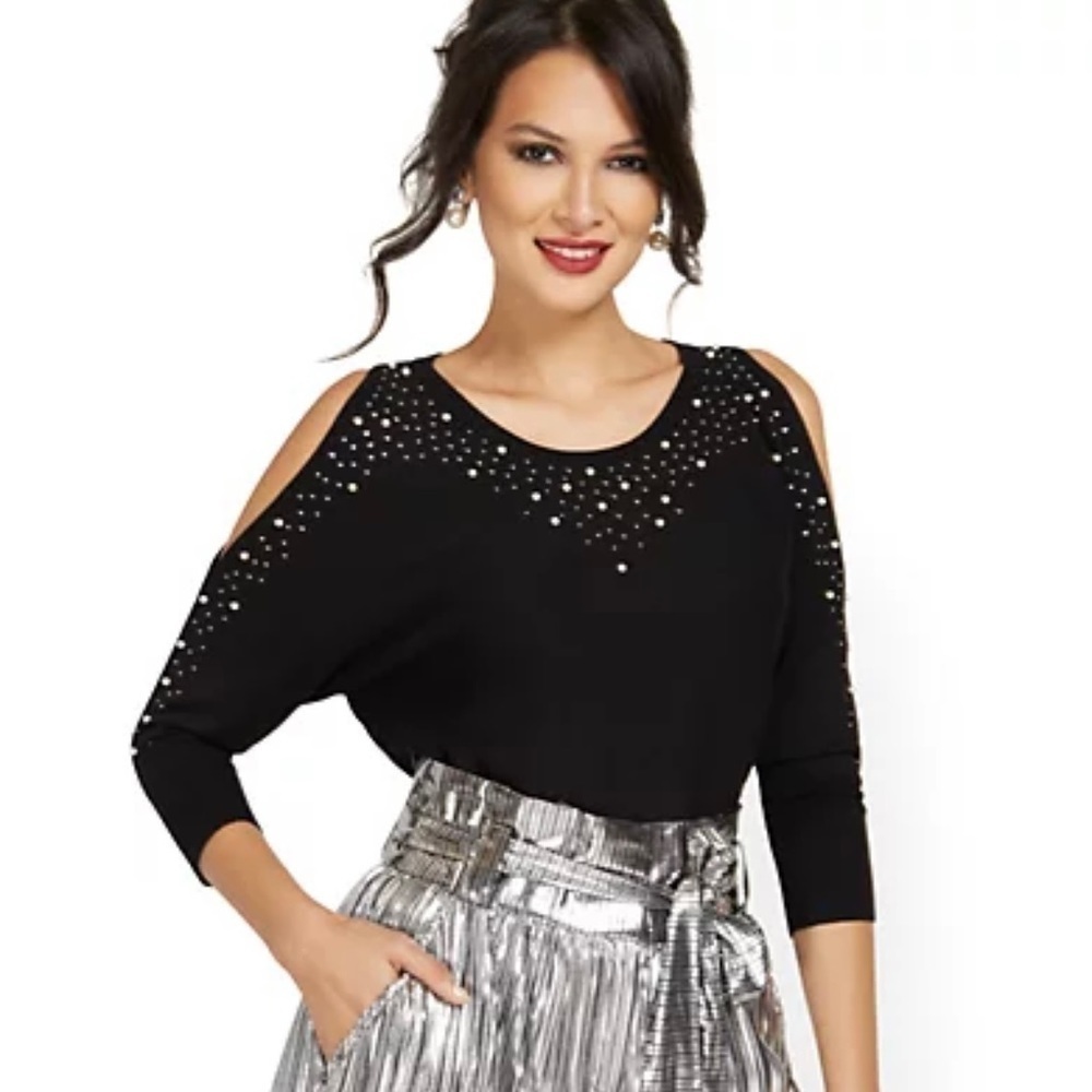 JEWELED cold shoulder tunic sweater